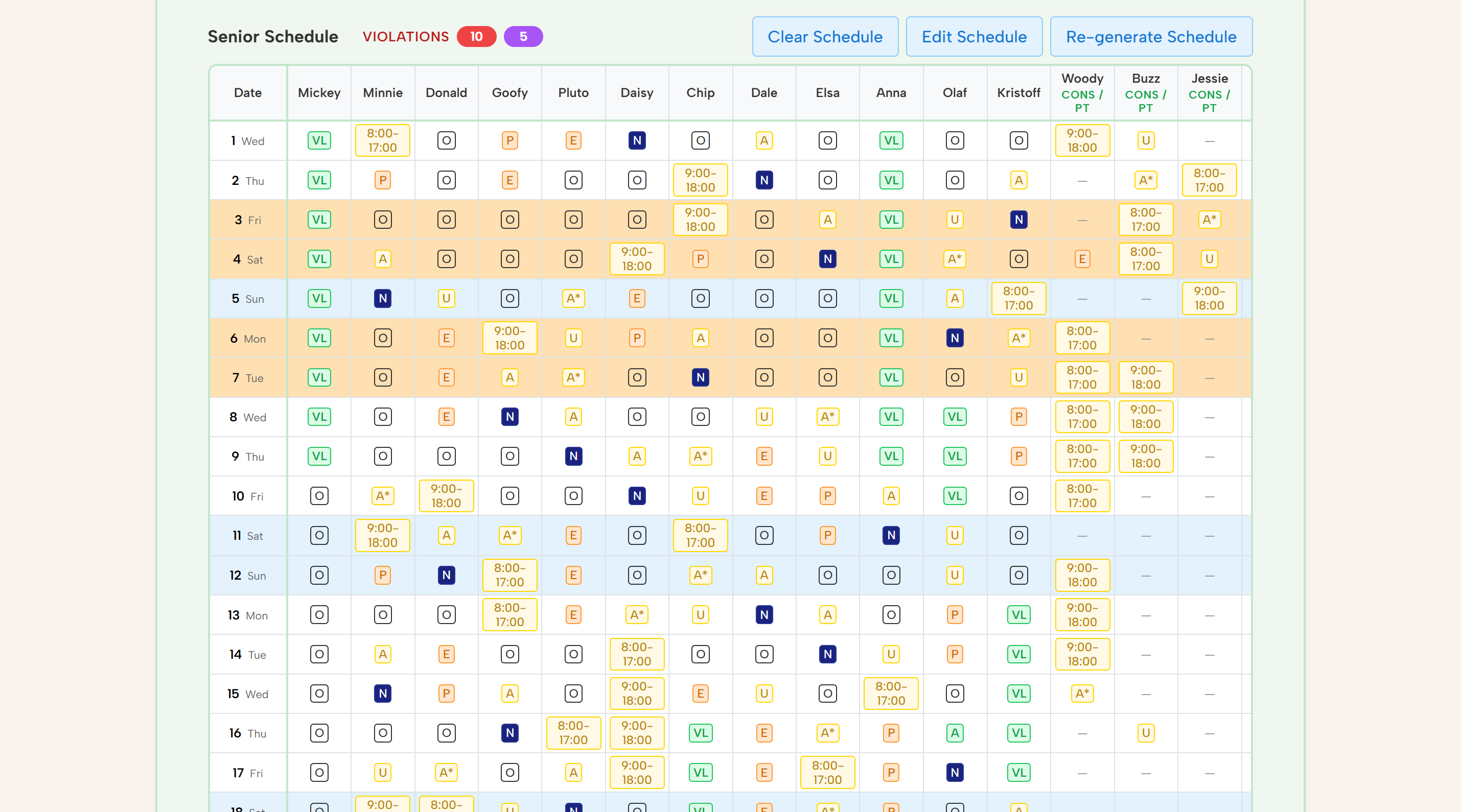Smart Scheduler roster view